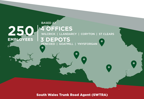 250 Employees, 4 offices (Wilcrick, Llandarcy, Coryton and St Clears) and 3 depots ( Pencoed, Goatmill and ynysforgan)