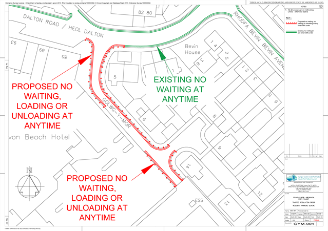 Map showing the existing no waiting at any time areas on Dalton Roadand the proposed no waiting, loading or unloading at any time areas on Golwg Y Mor