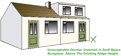 Diagram showing an unacceptable dormer inserted in roof space bungalow above the existing ridge height