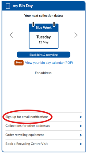 Edit your bin day notification on the my Bin Day panel