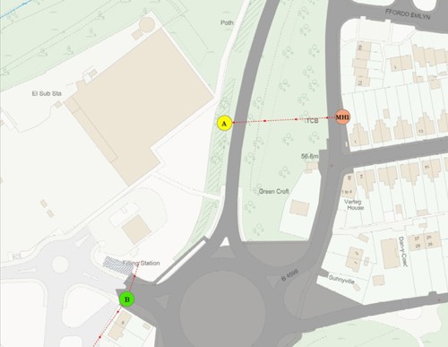 Figure 12 – Area near to Varteg showing points MH1, Point A & Point B