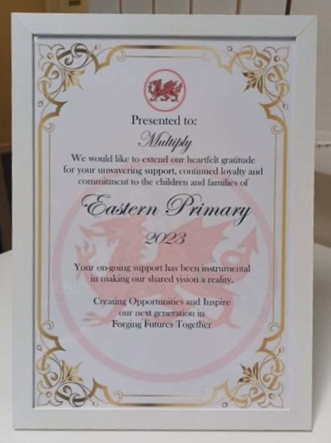 Certificate of appreciation awarded to Multiply by Eastern Primary School for their support and commitment